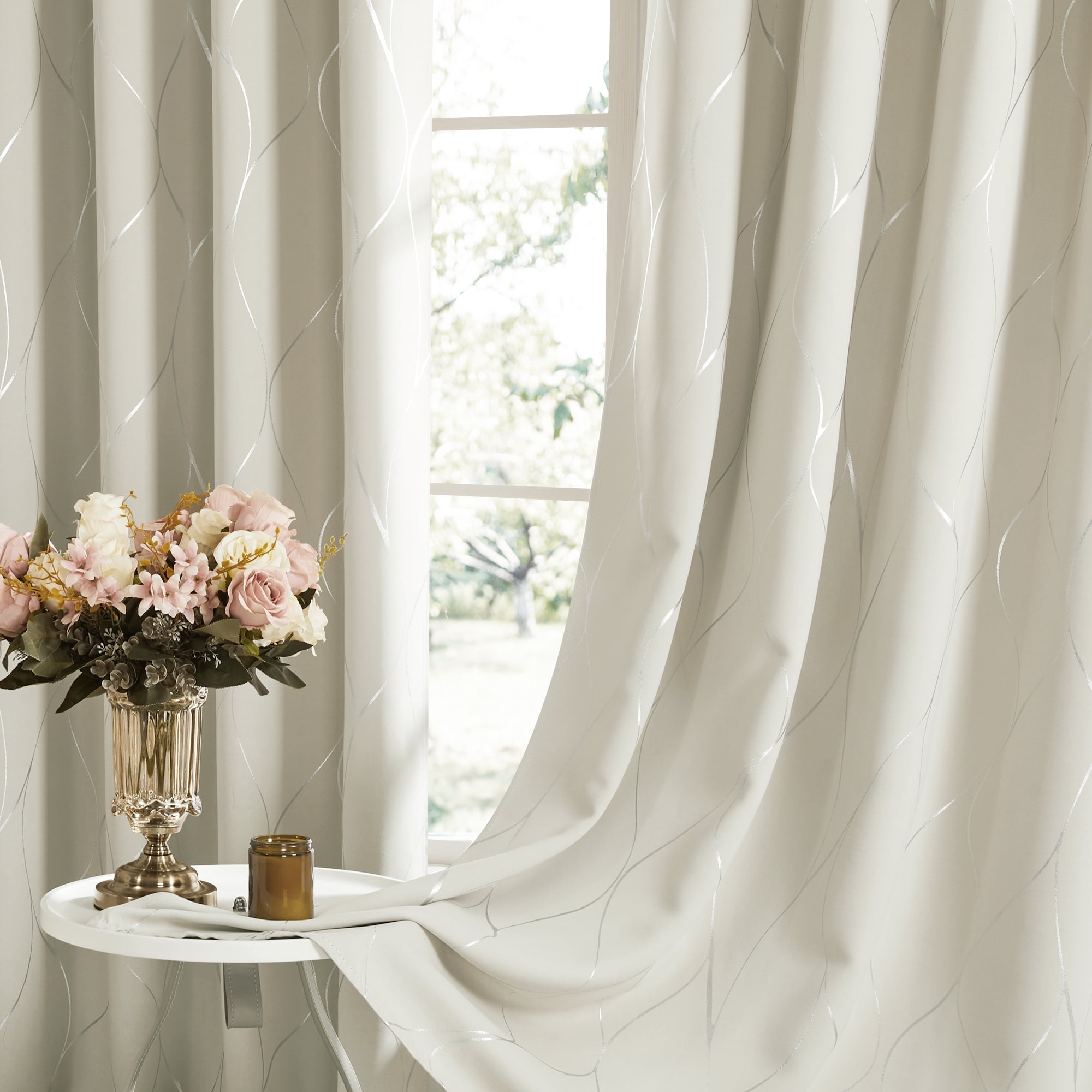 Deconovo Silver Wave Foil Printed Blackout Curtains for Bderoom, Light Beige, 42x72 inch, Set of 2