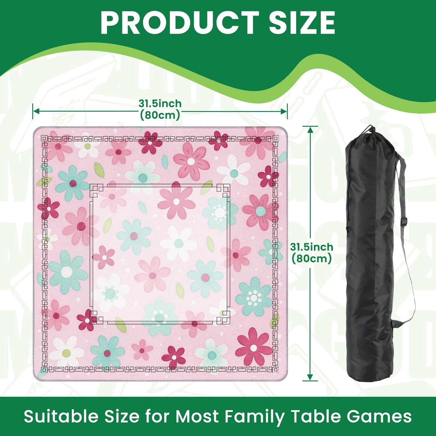 Mahjong Mat 31.5" x 31.5" Pink Floral Mint Green Red Flowers Leaves Soft Pink Non-Slip Noise Reduction American Mahjong Tiles Table Cover for Dominoes Poker Card Board Games Gift