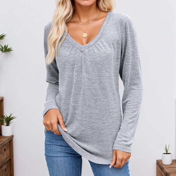 MHFRRA Camisetas de Mujer de Manga Larga Holgadas para Primavera y Otoño con Diseño Plisado Gris Claro