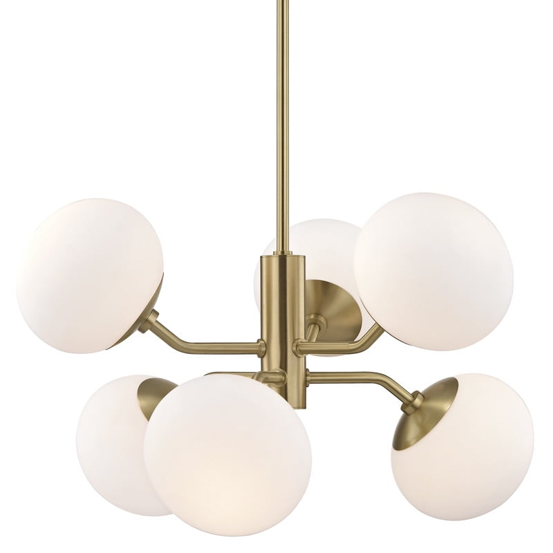 Ainsley Transitional Globe Chandelier in Aged Brass with Frosted Glass