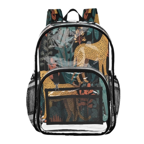 PVC Transparent Backpacks Clear Backpack for Travel and Outings Cheetah and Jungle Leaves