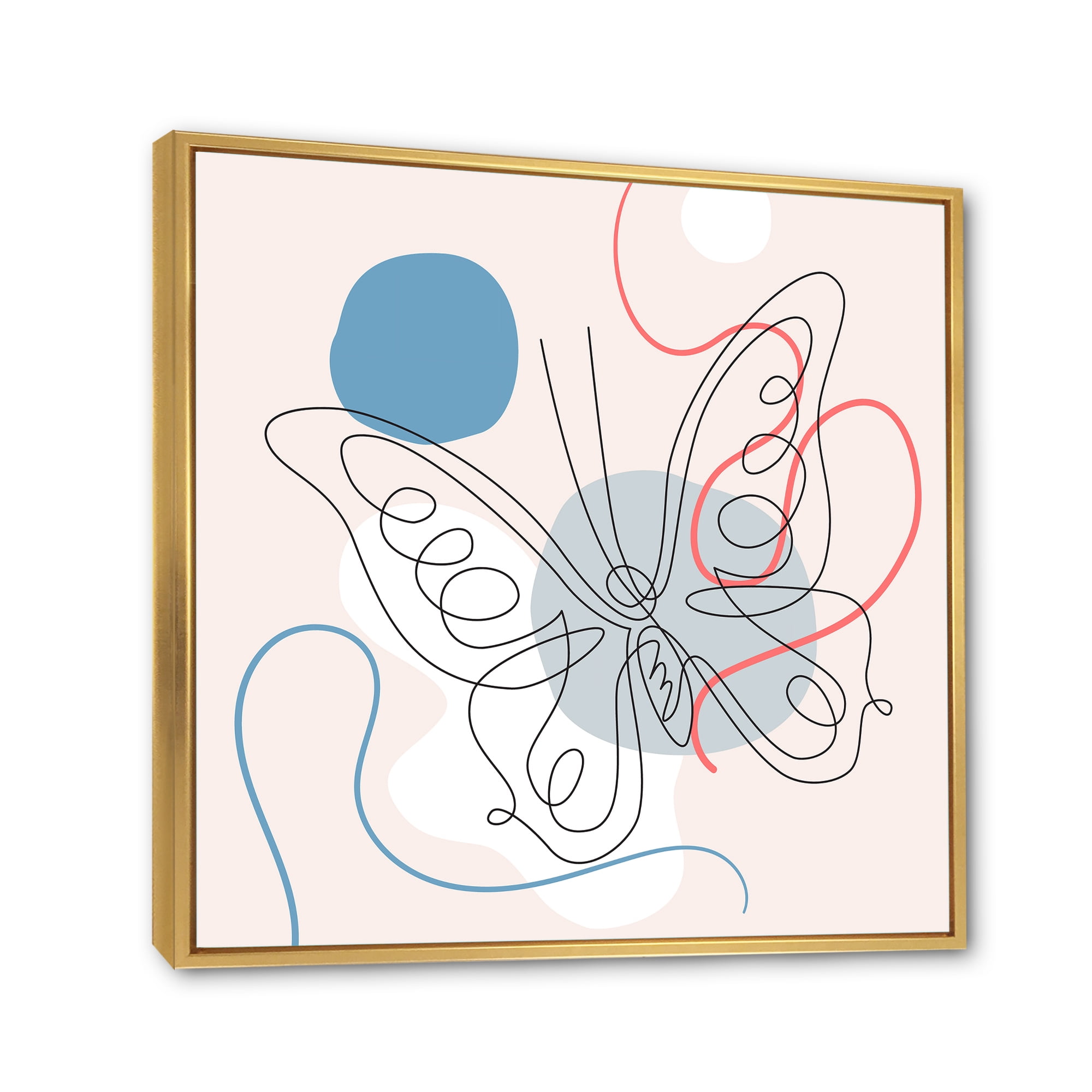 Designart 'One Line Butterfly Drawing On Cubism Shapes III' Modern Framed Canvas Wall Art Print