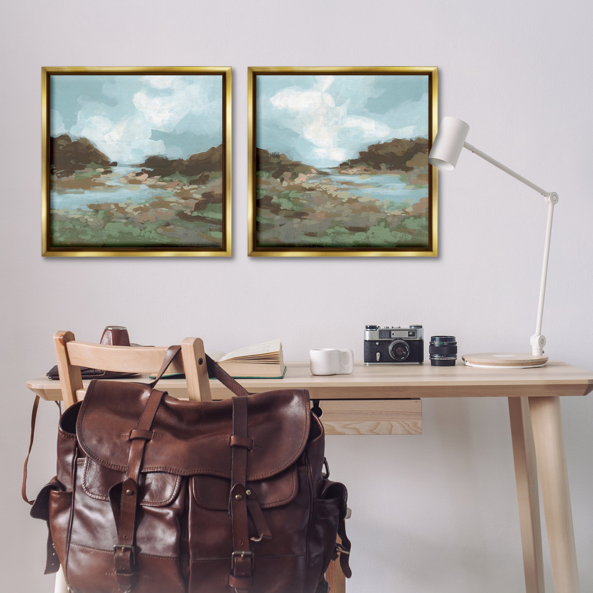Stupell Industries Winding River Landscape Scene Landscape & Nature Painting Gold Floater Framed Canvas Art Print Wall Art, 25 x 25, Set of 2