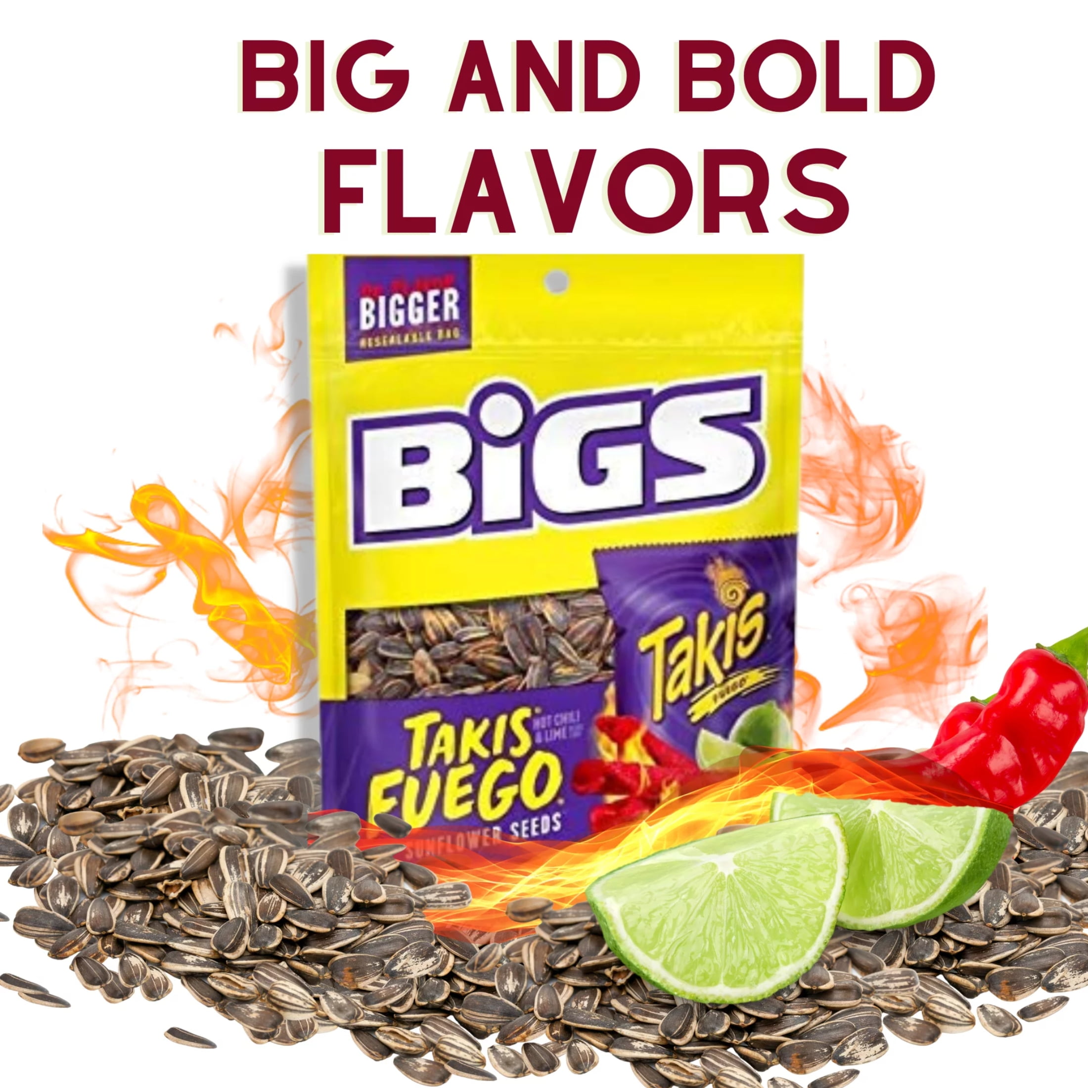 BIGS Takis Fuego Sunflower Seeds Hot Chili Lime Flavor, Keto Friendly Snack for Home Office Movie Night Travel Entertainment Camping Picnic and On The Go Snacking 3.63oz Resealable Bags Pack of 6