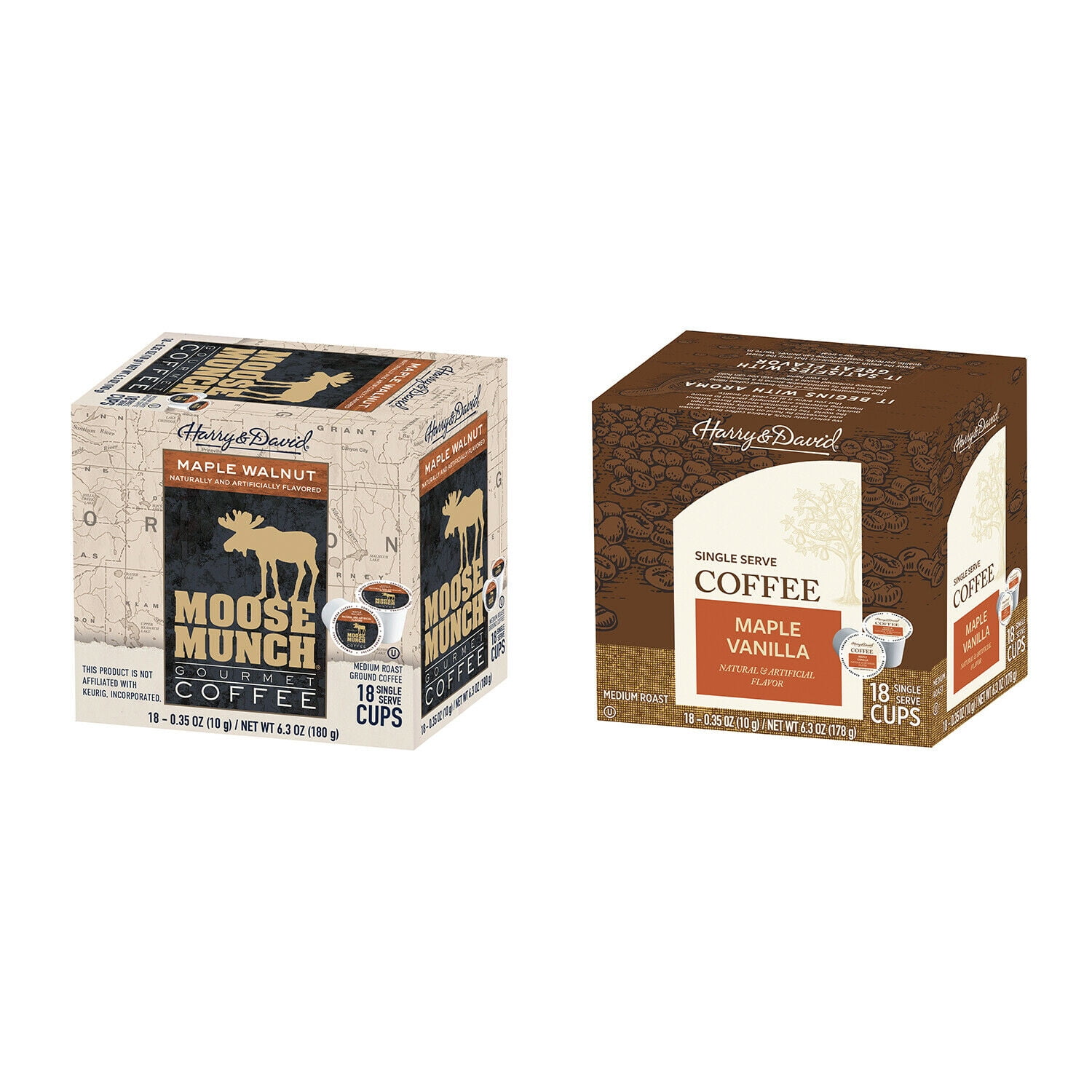 Harry & David Coffee Combo, Maple Walnut, Maple Vanilla 2/18 ct boxes