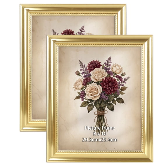 8x10 Picture Frame Gold, Elegant Brushed Gold Finish with Beveled Edges for Wall or Tabletop Display, 2 Pack