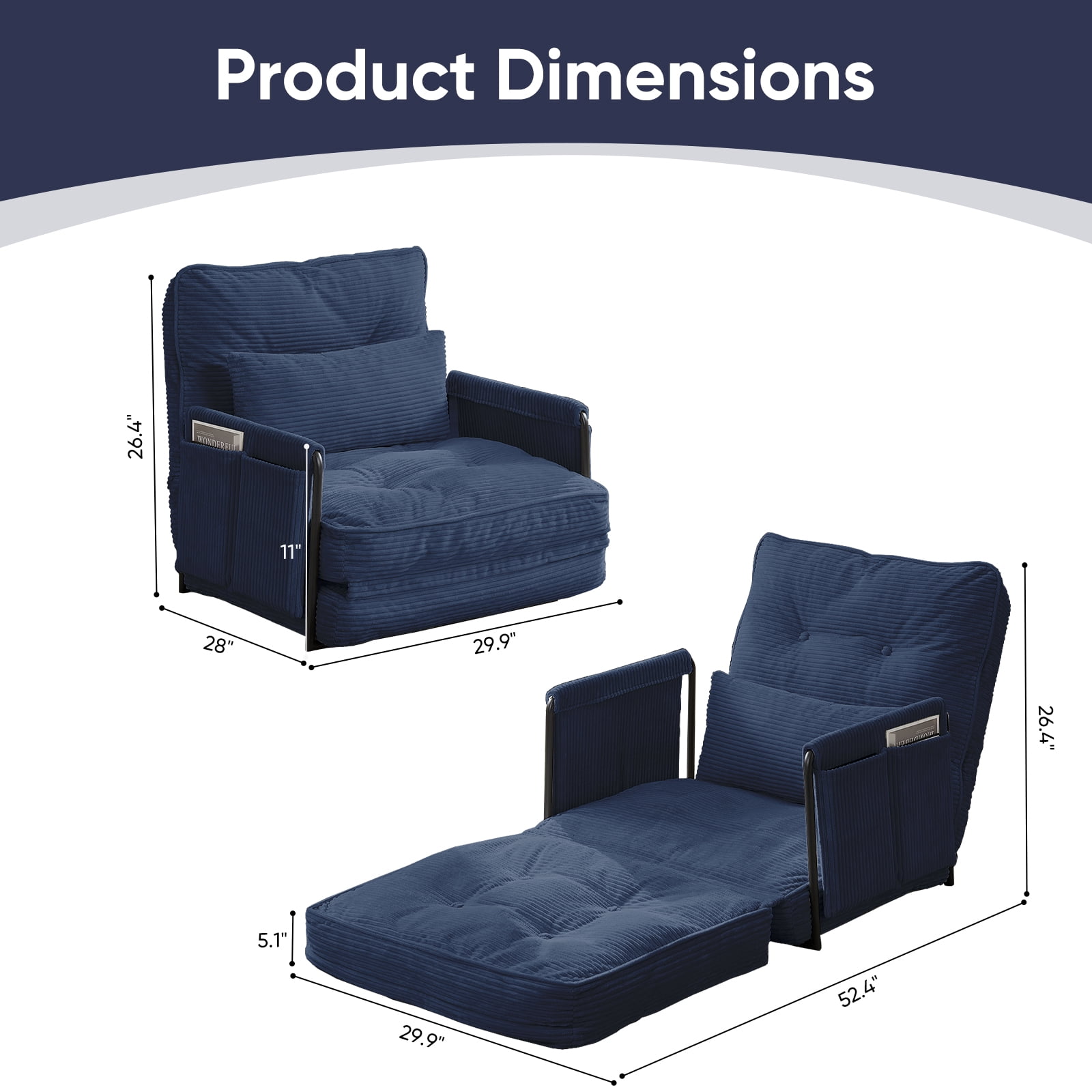 BALUS Futon Folding Sofa Bed, 4-in-1 Floor Couch with Foldable Mattress, Convertible sofa beds for Living Room, Corduroy, Dark Blue