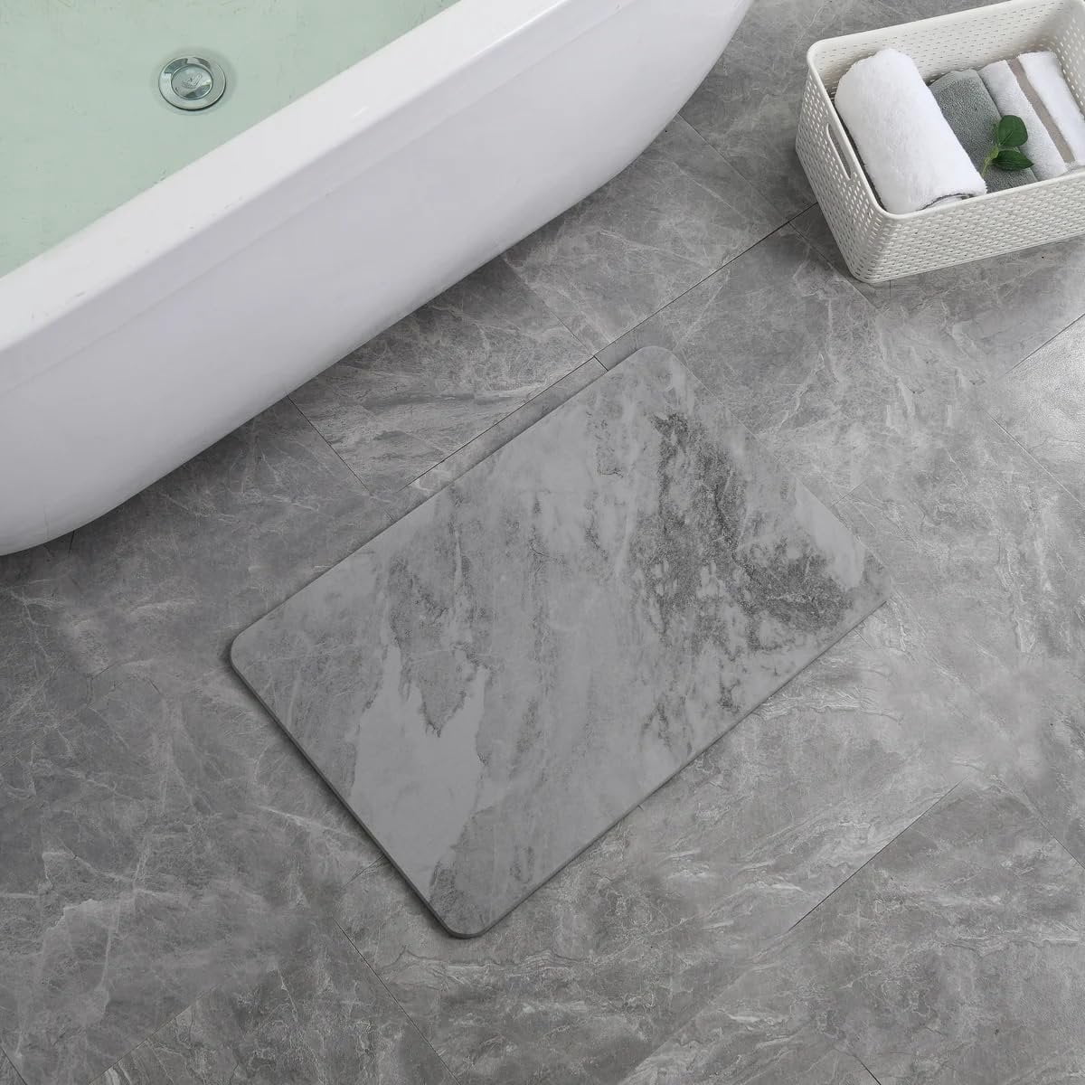 J&V TEXTILES Marble 24x15 Stone Bath Mat Diatomaceous Earth Shower Mat Non-Slip Super Absorbent Diatomite for Bathroom Floor Quick-Drying Easy to Clean Gray Marble