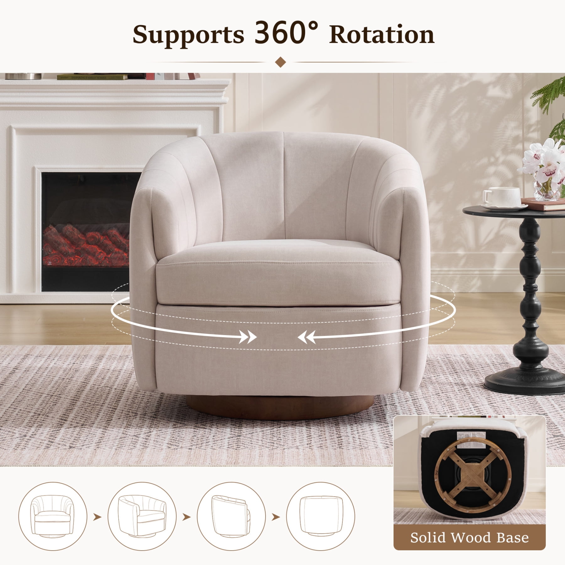 Leumius Velvet Swivel Accent Chair, Upholstered Armchair with Solid Wood Base,Comfy Reading Chair With Curved Thickened Backrest,White Velvet