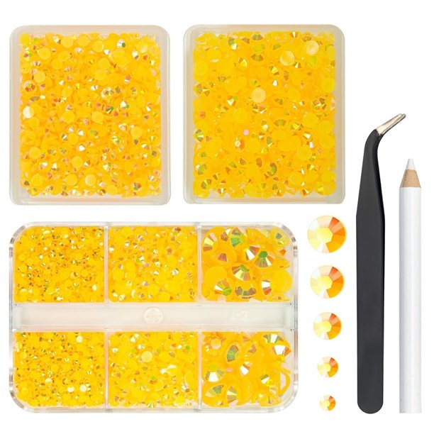 Qiipii - 3 cajas de 5070 diamantes de imitación de resina AB de color naranja y amarillo para manualidades (2 mm, 3 mm, 4 mm, 5 mm y 6 mm), piedras de gelatina planas, gemas, diamantes, cristales, dij