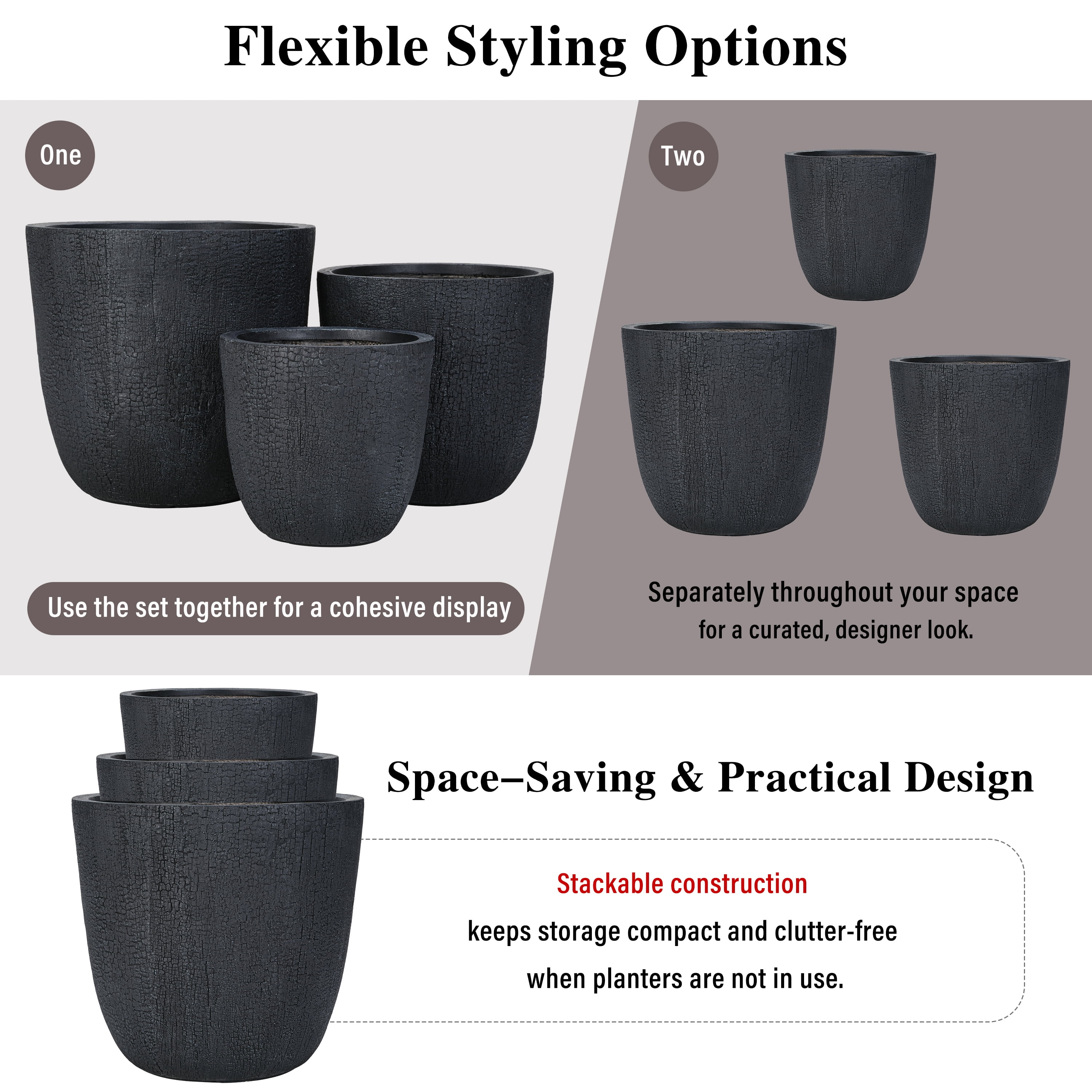 Euroco Large Concrete Planter Set of 3, 16.93"+13.78"+11.02" Dia Round Stackable Flower Pots with Drainage Holes and Rubber Plug,Modern Decorative Pots for Patio Garden Balcony Indoor Outdoor