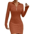 thumbnail image 2 of Swuxness Women Long Sleeve Knit Sweater Dresses, Women Mid Length Dresses, Women's Solid Color Zipper Collar Waist-Defining Fitted Knit Short Dress Orange, XL, 2 of 4