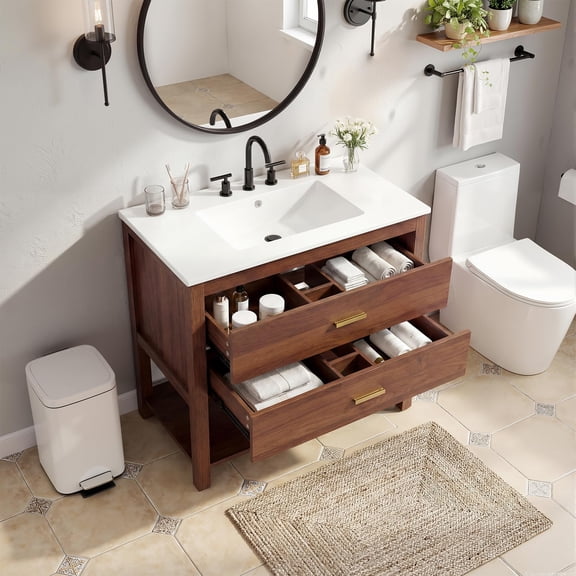36 Inch Walnut Bathroom Vanity with Ceramic Sink, Compact Modern Storage Cabinet