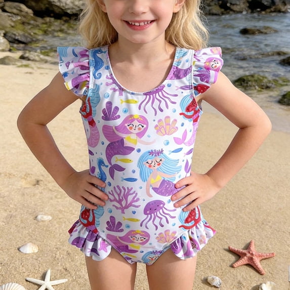 Rggeeun Children Girls Bathing Suitsleeveless O-Neck Cute Cartoon Printed Bathing With Bikini Style Swimming Fit,Purple,6-7 Years