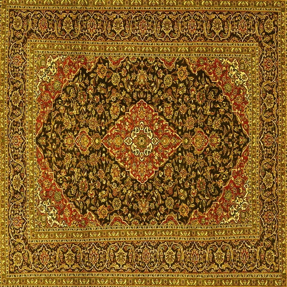 Ahgly Company Machine Washable Indoor Square Medallion Yellow Traditional Area Rugs, 6' Square