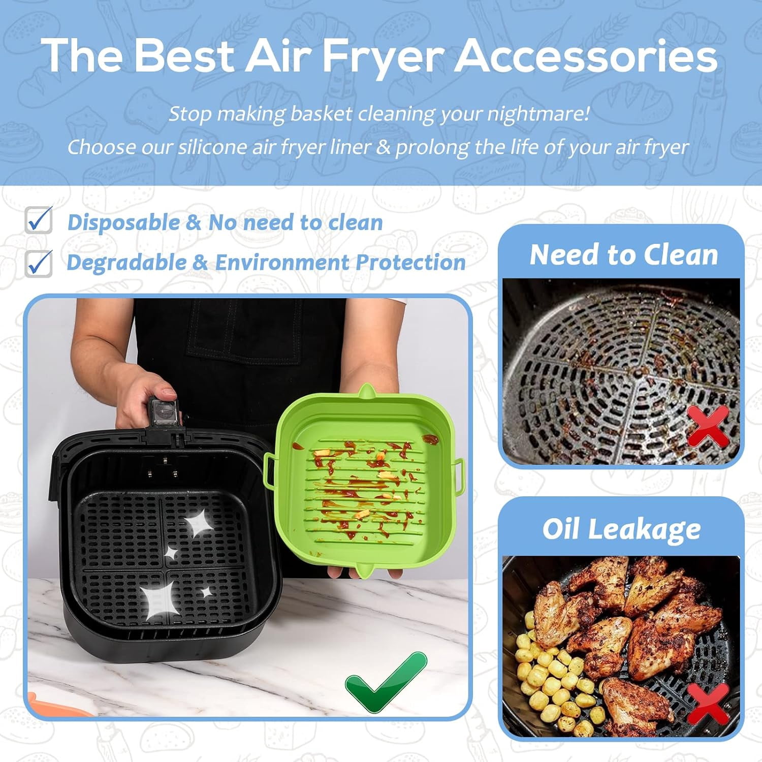 JJEAN-[2 Pack] Silicone Air Fryer Liners Square - Reusable Airfryer Basket - Easy to Clean Air Fryers Pot for 5.8 to 8 Qt Large Air Fryer Baking Tray Oven Accessories, 8.5 Inch