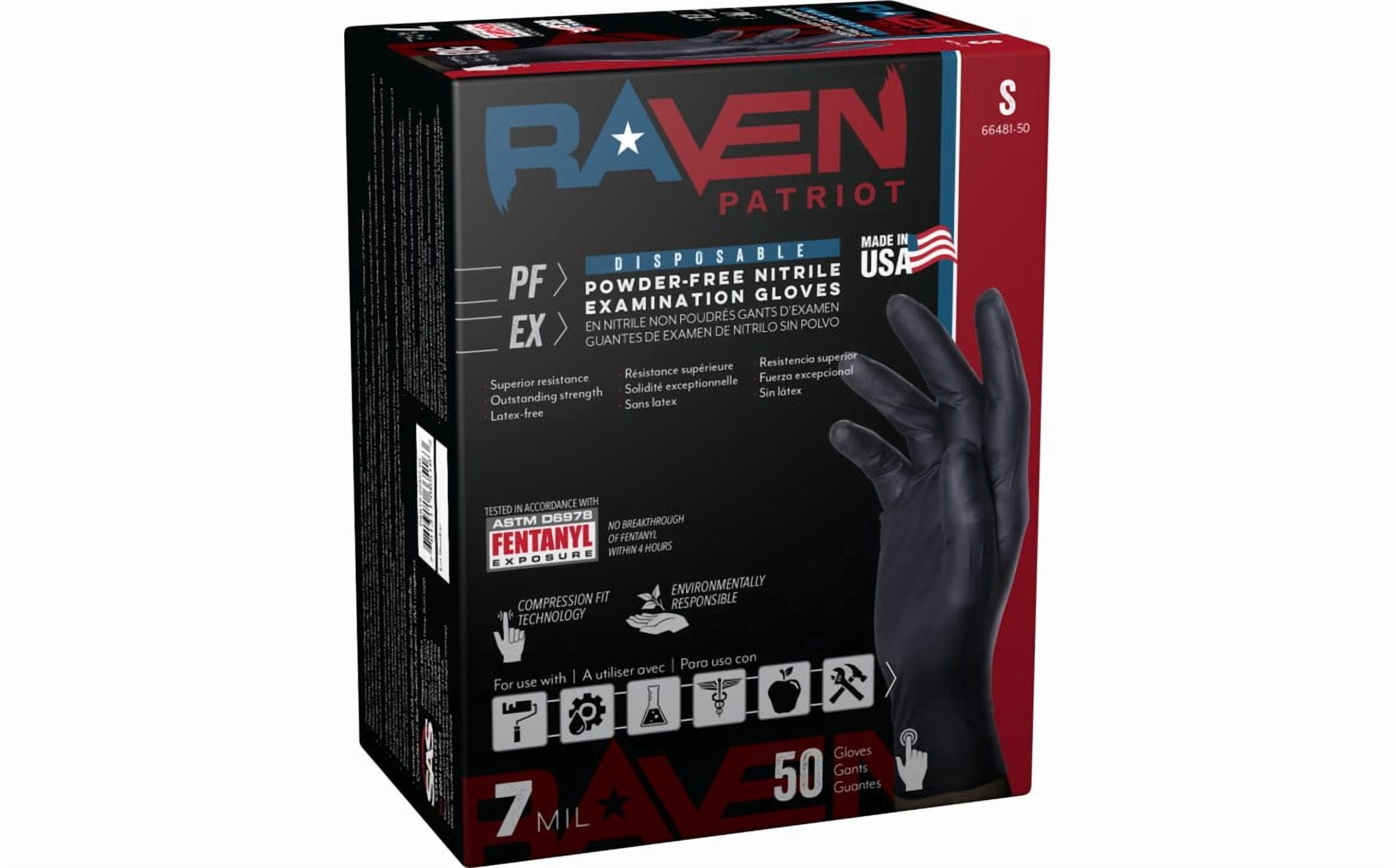 Raven Patriot Nitrile Disposable Gloves, 7 mil, Powder-Free, Exam Grade, 50 Pack, Large