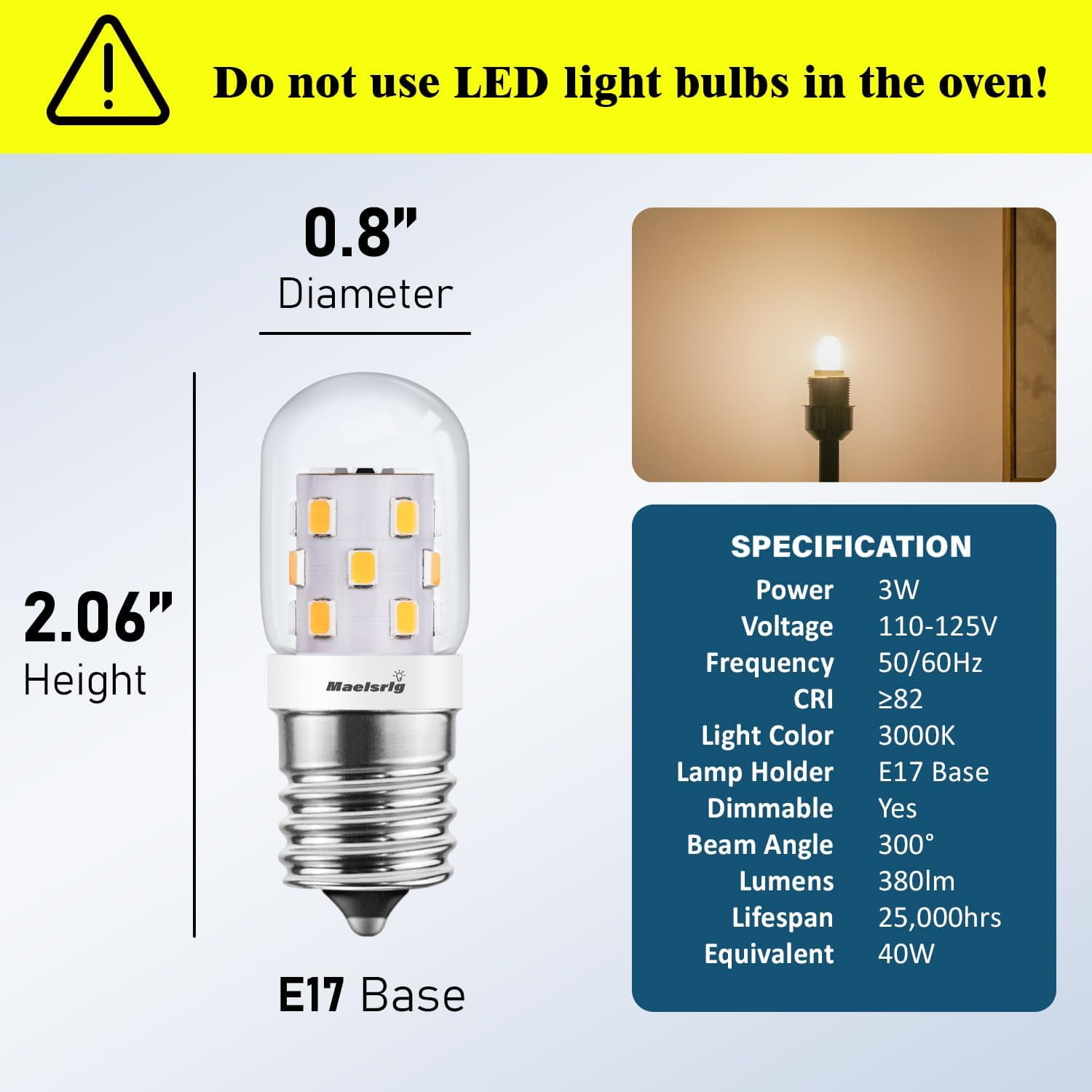 PYYAN-Microwave Light Bulbs Under Hood 40W Equivalent, E17 LED Bulb Dimmable for Range Hood, 3W 380 Lumens, LED Appliance Light Bulb Over Stove, Warm White 3000K, 4 Pack