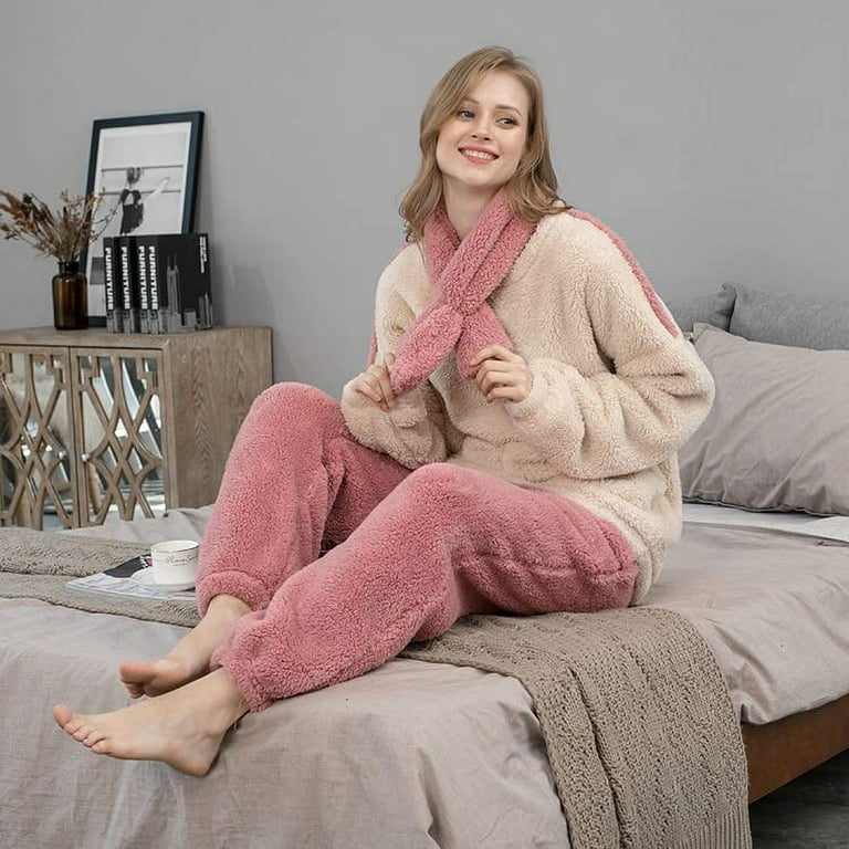 Kukuzhu Womens Fleece Pajama Sets Winter Shearling Rollneck Pajamas Grunge  Fuzzy Plush Hoodie Sleepwear 2Pcs Fluffy Loungewear