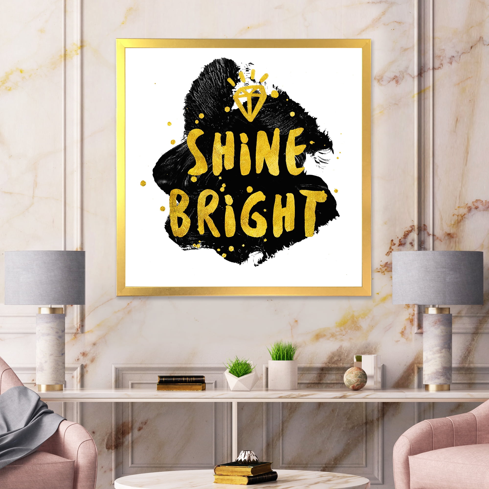 Designart 'Shine Bright Quote on Black' Glam Framed Art Print