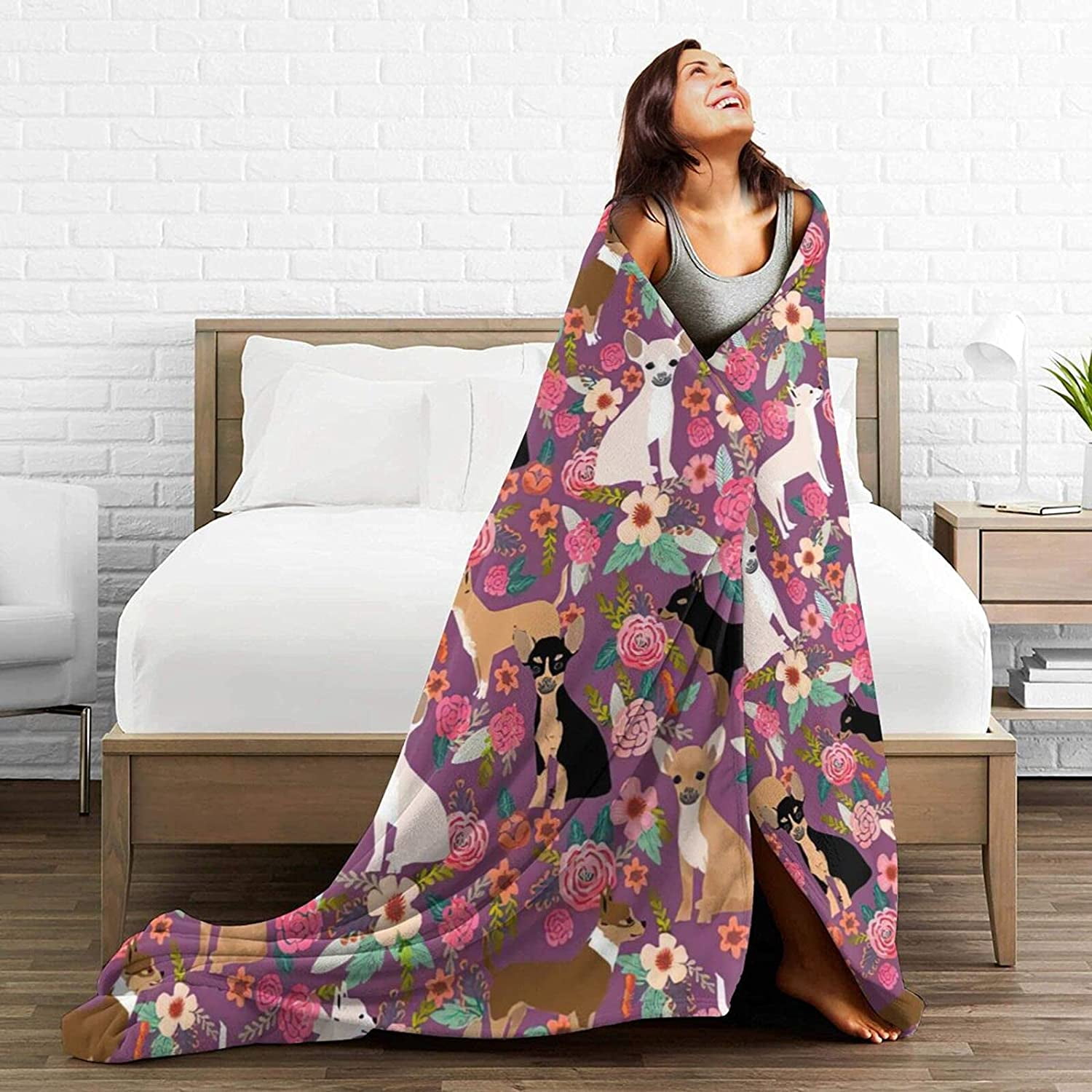 Newhomestyle 3D Flannel Plush Throw Blanket, 80"x60" Chihuahua Dog Breed Floral Pet Gifts Perfect Present Pattern, Super Cozy Air Conditioning Blanket