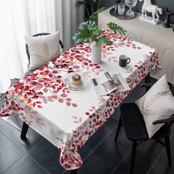Red Eucalyptus Leaves Table Cloth Waterproof Tablecloths, Summer Botanical Weeping Tablecloth Dining Table Cover for Kitchen Party Tabletop Outdoor, Rectangle Tablecloth 54x108 Inch