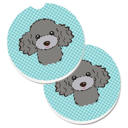 Checkerboard Blue Silver & Grey Poodle Set of 2 Cup Holder Car Coaster