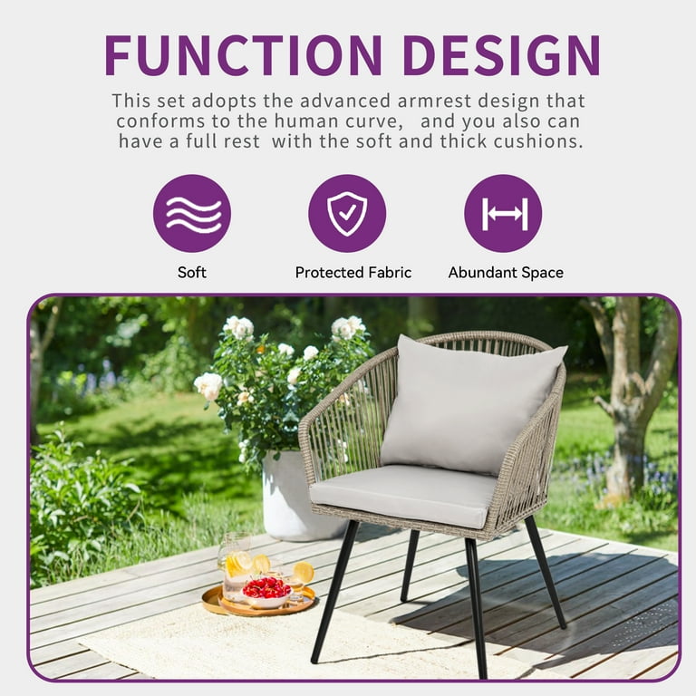 Dextrus 3 Piece Compact Rattan Patio Set Outdoor Conversation Chairs with Cushions and Glass Side Table for Small Spaces Balcony and Apartment Gray