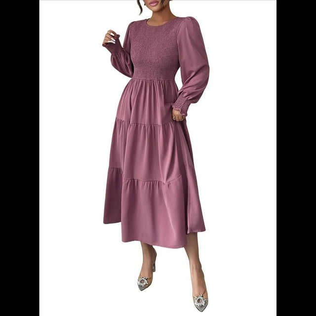Vestido de Otoño para Invitada de Boda, con Mangas Largas, Volantes, Cuello Redondo, y Fluido. Púrpura S