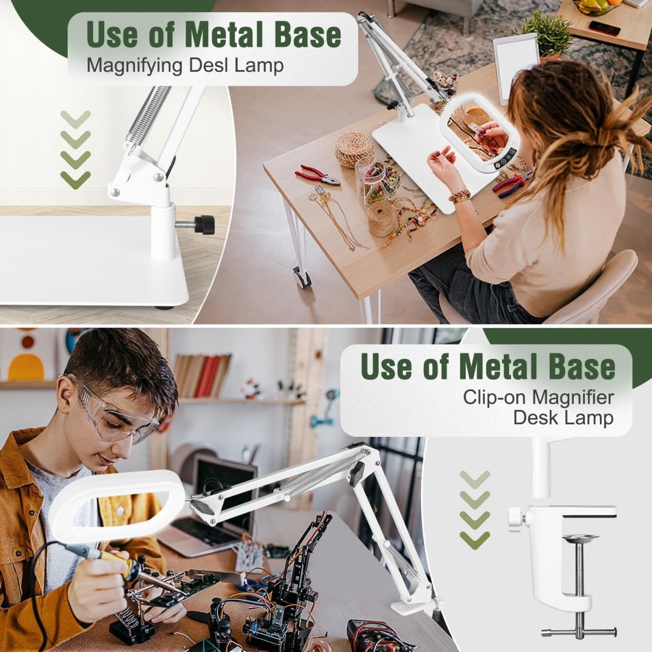 Veemagni Magnifying Glass with Light, Square Real Glass LED Desk Lamp 5 Color Modes Stepless Dimmable Hands-Free Stand & Clamp for Hobby Close Work - White