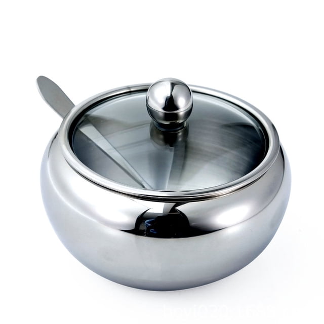 Azucarero, azucarero de acero inoxidable con tapa y cuchara, recipiente pequeño para condimentos en forma de tambor para el hogar y la cocina