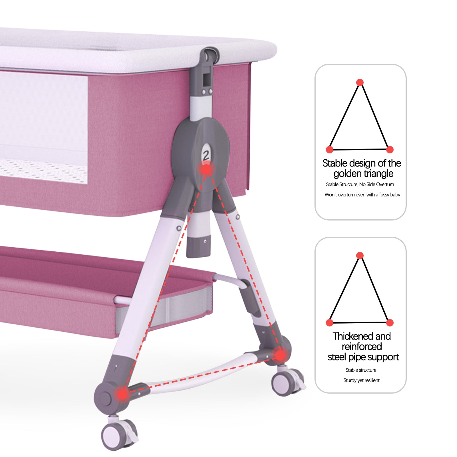 StarZe 4 in 1 Infant Baby Bassinet Bedside with Mosquito Net and Storage Rack,5 Auto-Lock Adjustable Height Baby Crib for 0-24 Months,Pink