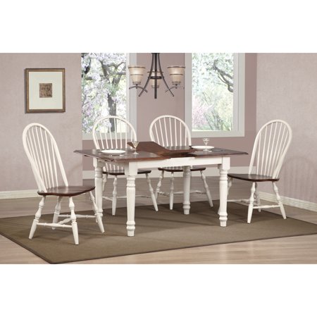 HomeStock Art Deco Dreams 5 Piece 60 Rectangular Extendable Dining Set Butterfly Leaf Table Spindleback Chairs Antique White/Chestnut Brown Wood Seats 4 6