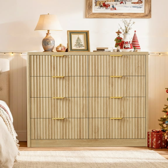 Fluted 8 Drawer Dresser For Bedroom, Modern Chest Of Drawers, Wood Closet Clothes Organizer For Bedroom, Hallway, Natural