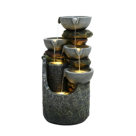 LuxenHome Gray 4-Bowl and 5-Tier 2.1-Feet Tall Outdoor Polyresin Fountain with Lights