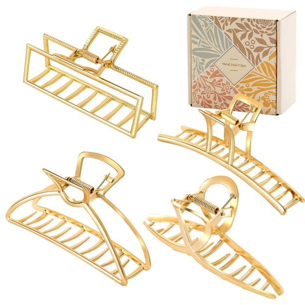 Paquete de 4 pinzas grandes doradas para el cabello para mujeres, cabello grueso, antideslizante, pinza para la mandíbula, diseño francés, pinzas para el cabello con forma de plátano y cruz de metal p