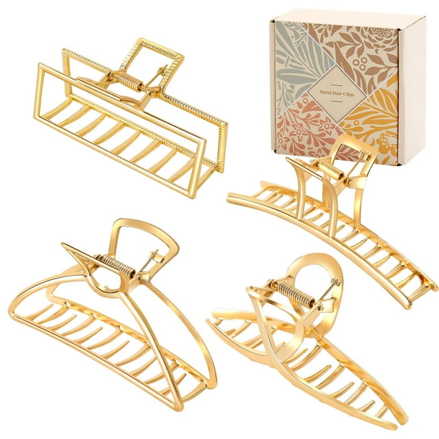 Paquete de 4 pinzas grandes doradas para el cabello para mujeres, cabello grueso, antideslizante, pinza para la mandíbula, diseño francés, pinzas para el cabello con forma de plátano y cruz de metal p