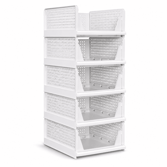 RNKR 5 Pack Stackable Closet Storage Basket - Multifunctional Foldable Closet Organizer Waterproof, for Bedroom, Laundry Room, White