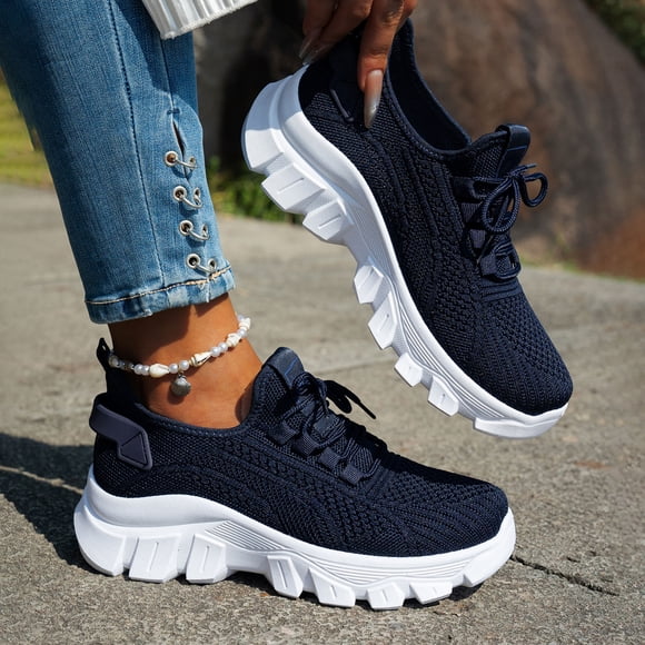 YOUYEDIAN Orthopedic Shoes for Women Arch Support Work Shoes Wide Width Slip on Non Slip Walking Shoes Knitted Mesh Stretch Comfort 2026 Orthopedic Shoes (Blue)