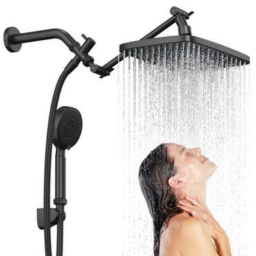 ARDIKAMA Dual Shower Head Combo, High Pressure 12'' Adjustable Extension Arm Rainfall Stainless Steel Showerhead with ON/OFF Pause Switch with Hose, Adhesive Rain Shower Head Holder (Matte Black)