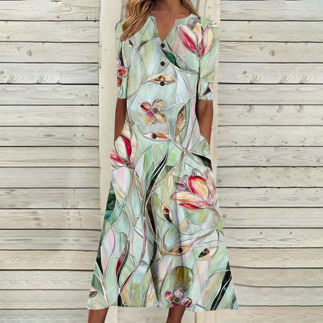 Meichang Robes Midi pour Femmes à Imprimé Floral, Boutonnées, Col en V, Manches Courtes, Robe d'Été, Plage, Vacances, Robe T-Shirt Évasée avec Poches