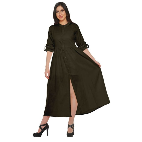 Moomaya Long Women Dress Solid Casual A-Line Front Slit Short Sleeve Kurta