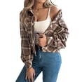 thumbnail image 2 of Women'S Long Sleeve Cropped Flannel Plaid Shacket Button Down Plaid Crop Short Jacket Coat Brown S, 2 of 10