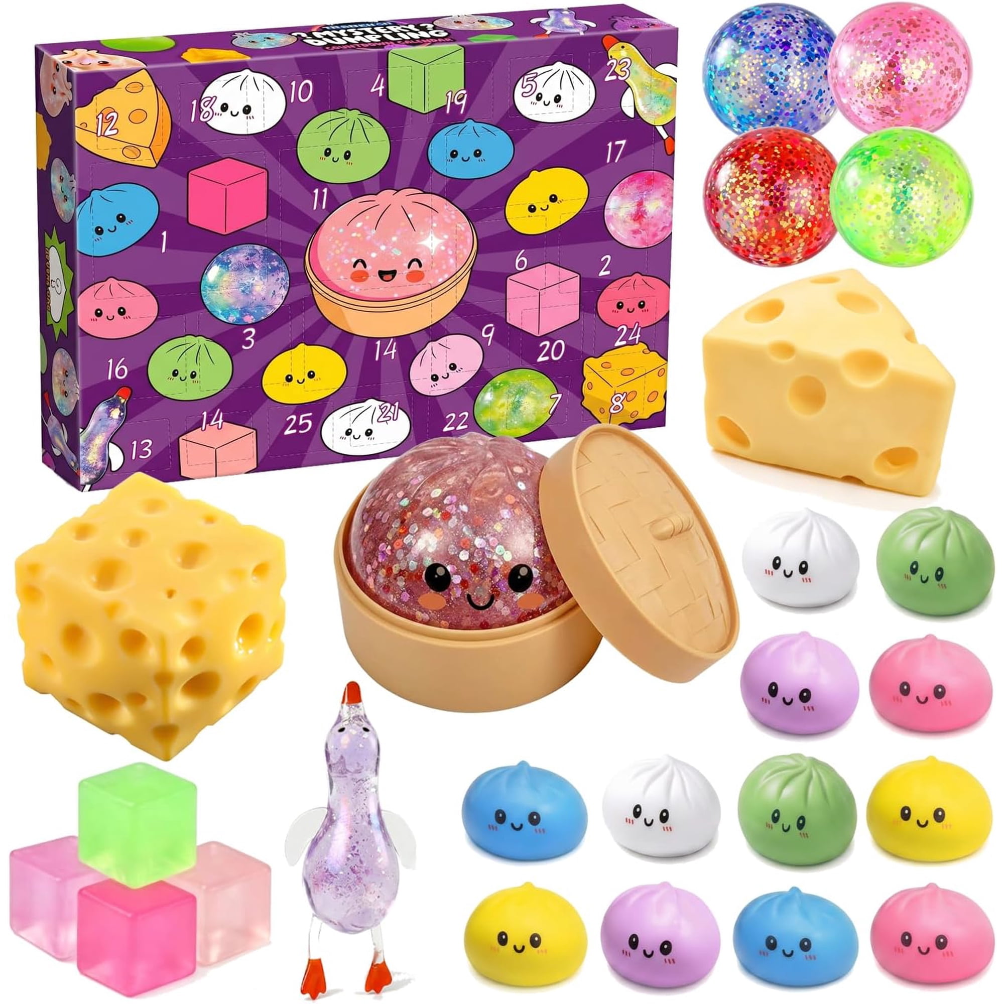2026 Squishy Advent Calendar, 25-Day Christmas Countdown, Food-Themed Mystery Collectibles Set with Dumpling, Cheese & Glitter Ball Surprises, Holiday Gift Box, Festive Countdown Calendar