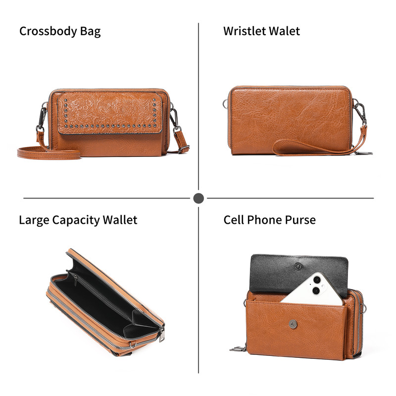 FALAN MULE Crossbody Bags for Women Small Leather Cell Phone Wallet Wristlet Purse with Zip Around 2 Strap