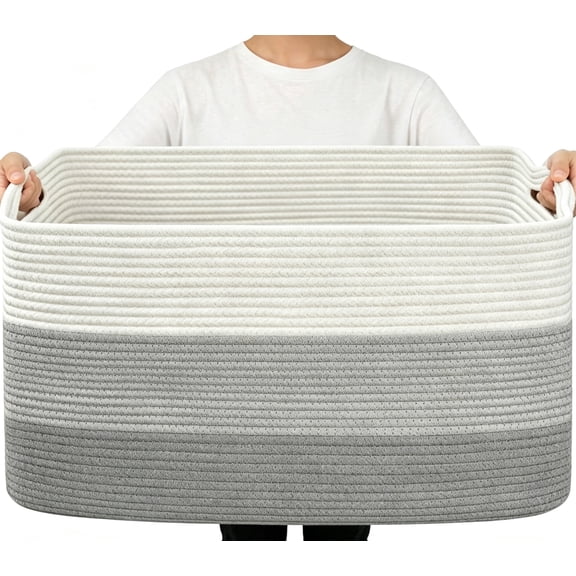 VeluraHome XXX Large Woven Blanket Basket, Storage Baskets for Organizing,Rectangle Cotton Rope Toy Basket for Living Room, Bedroom, White & Grey