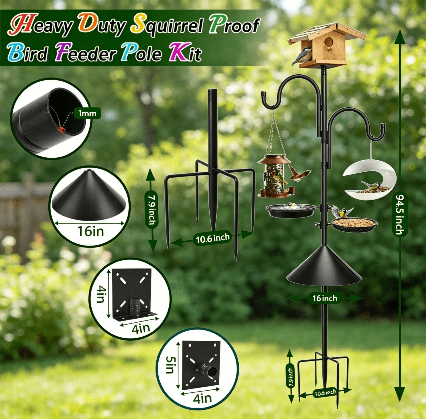 Umailgoo 92" Bird Feeding Station,Heavy Duty Bird Feeder Pole Bird House Stand Mount Kit with Squirrel Proof Baffle,Adjustable Buddy Poles for Outdoors Hanging