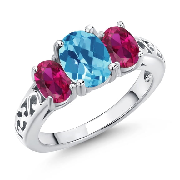 Gem Stone King 925 Sterling Silver Swiss Blue Topaz and Red Created Ruby Filigree Style 3 Stone Ring for Women (2.30 Cttw, Oval 8X6MM and 6X4MM) (Size 6)