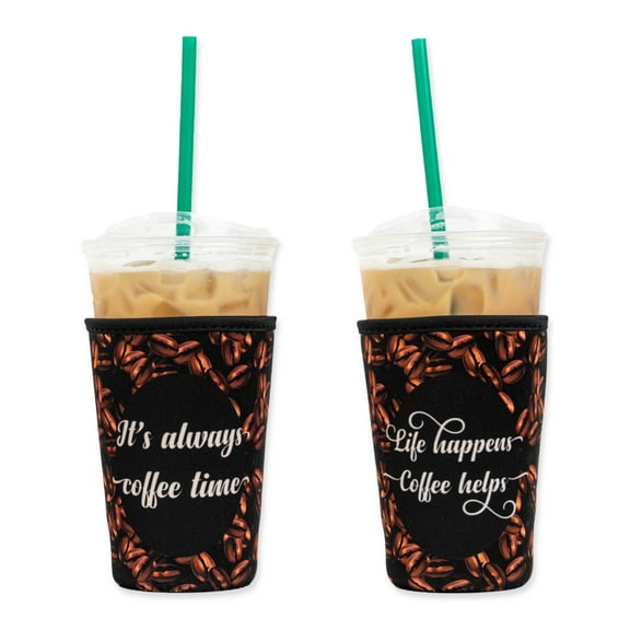 Baxendale and Co 2-Pack Medium (22-24oz) Reusable Neoprene Insulator Sleeve for Iced Coffee or Cold Beverage Cups (Coffee Beans & Quotes)