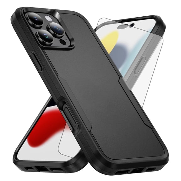 Compatible with iPhone 16 Pro 6.3 inch Phone Case Tempered Glass Screen Protector Hybrid Rugged Shockproof Hard Protective Drop Proof Full Body Heavy Duty Mobile Cell Cover for i Phone16 i16Pro Black